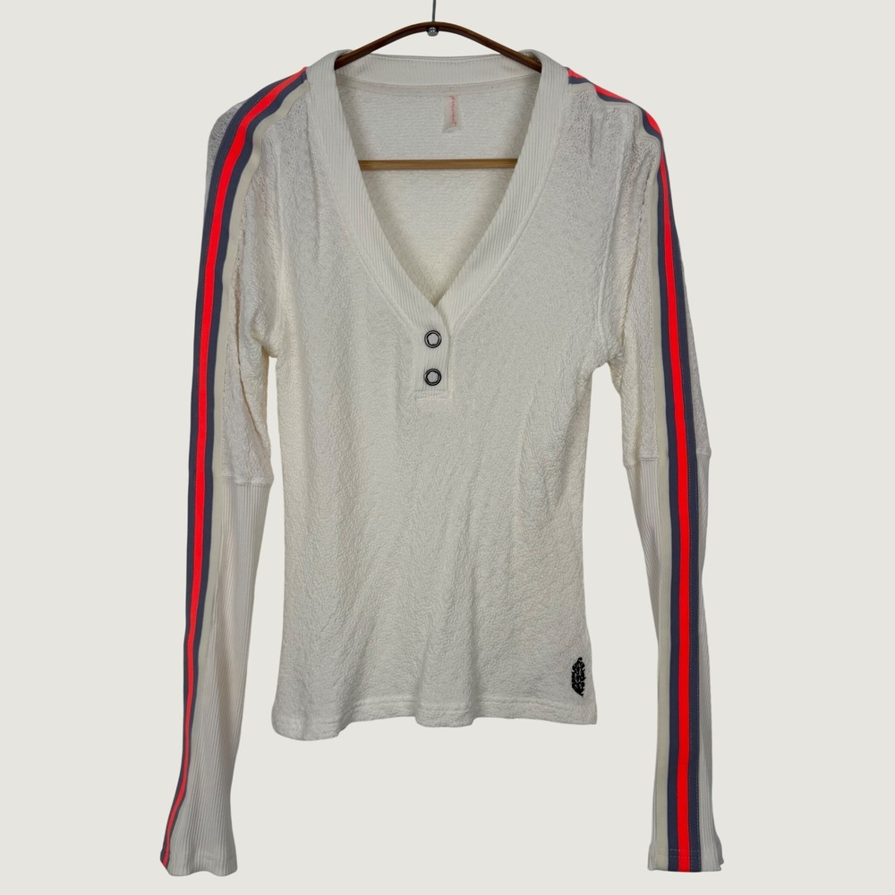FP Movement Recovery Layer Top Free People White Textured Henley Racing Stripe M
